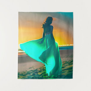 Women in Turquoise Blue on a Night Beach Tapestry