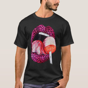Women Leopard Lips Licking Lollipop Trendy Animal T-Shirt