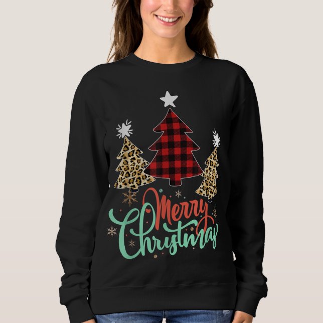 Women Leopard Plaid Christmas Tree Merry Christmas Sweatshirt (Front)