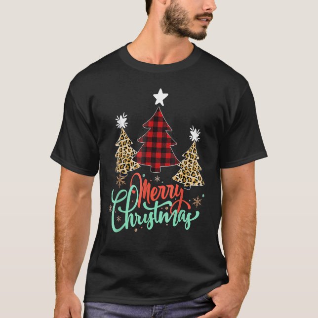 Women Leopard Plaid Christmas Tree Merry Christmas T-Shirt (Front)