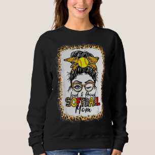 Women Loud & Proud Softball Mum Messy Bun Leopard Sweatshirt