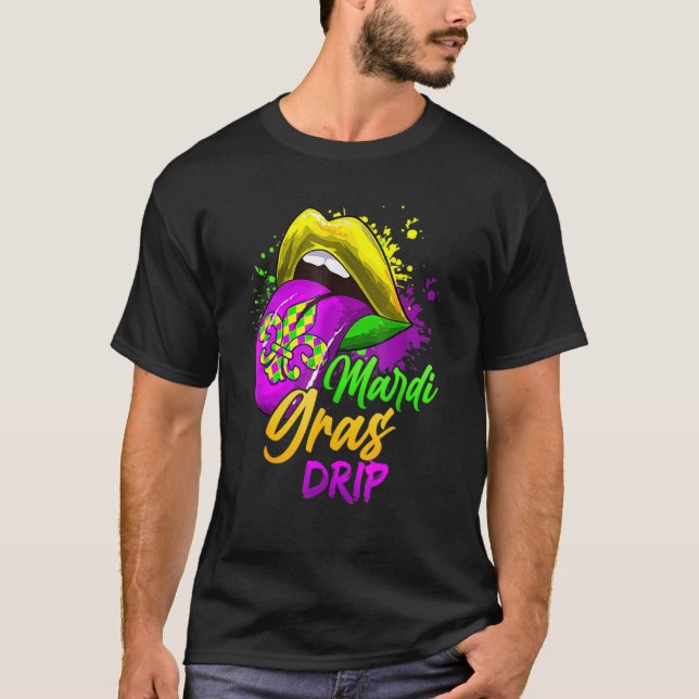 Women Mardi Gras Dripping Lips  Mardi Gras Drip Co T-Shirt (Front)