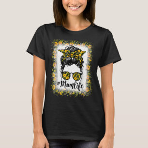 Women Mum Life Bleached Messy Bun Sunflower Mother T-Shirt
