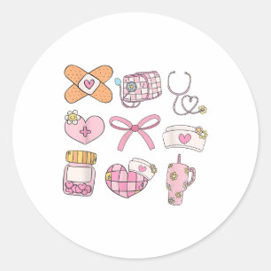 Women Nurse Valentines Day Pink Coquette Bow Nurse Classic Round Sticker