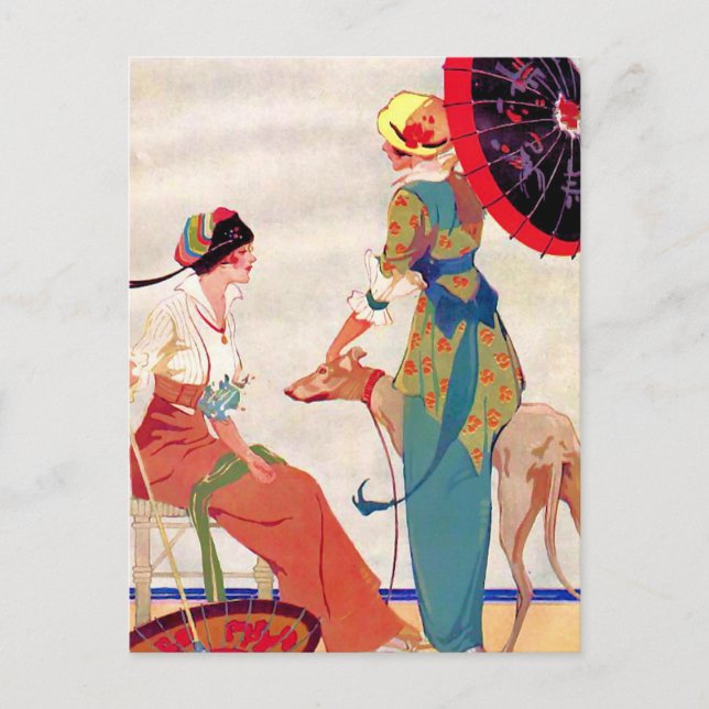 Women Parasols and Greyhound Postcard (Front)