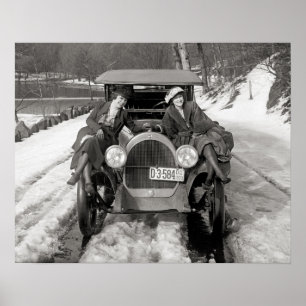 Women Posing On Automobile, 1920. Vintage Photo Poster