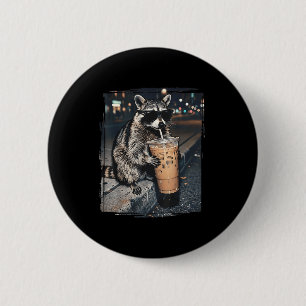 Women racoon drinking iced coffee funny animal 6 cm round badge