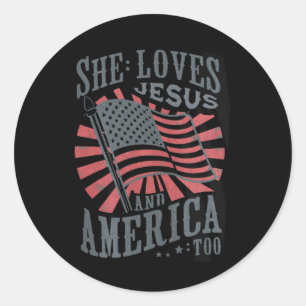 Women Retro She Loves Jesus And America Too Usa 4t Classic Round Sticker