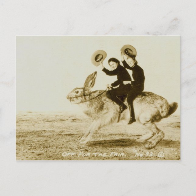 Women Riding a Rabbit Fantasy Vintage Postcard (Front)
