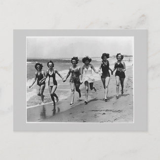 Women run on the beach, 1940s postcard
