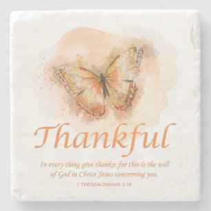 Women’s Christian Butterfly Bible Verse: Thankfu Stone Coaster