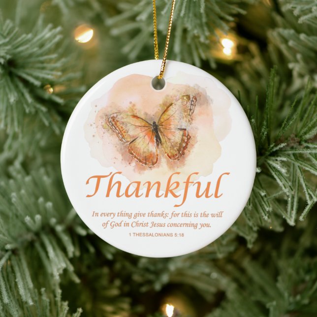 Women’s Christian Butterfly Bible Verse: Thankful  Ceramic Ornament (Tree)