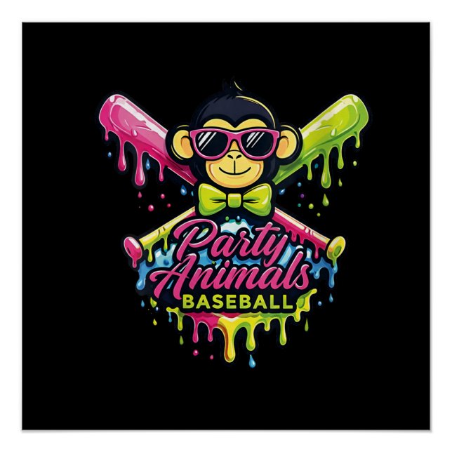 Women’s Party Animals Baseball Funny Monkey  Poster (Front)
