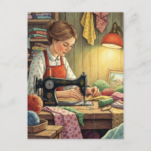Women Sewing In Cozy Craftting Room Postcard