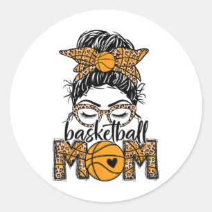 Women Sketll Mum Game Day Messy Bun Leopard Bleach Classic Round Sticker