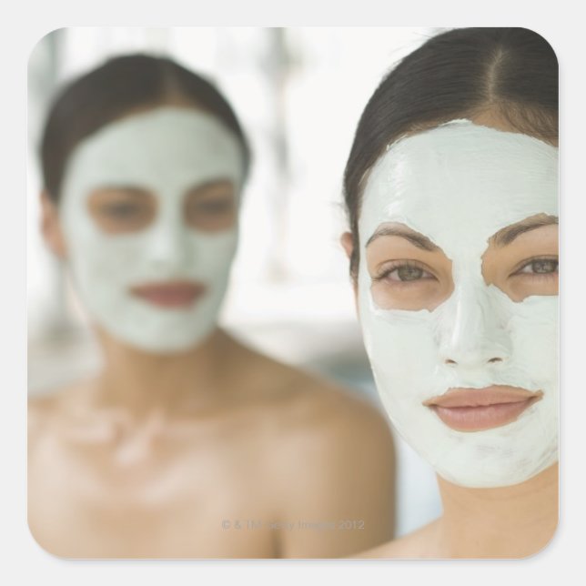Women smiling in beauty mud masks square sticker (Front)