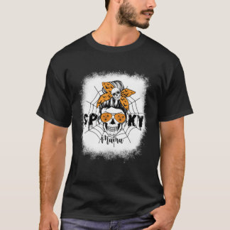 Women Spooky Mama Halloween Skull Messy Bun Witch  T-Shirt
