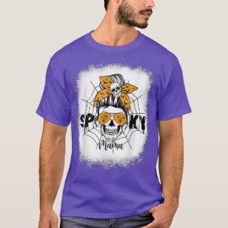 Women Spooky Mama Halloween Skull Messy Bun Witch  T-Shirt