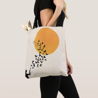 Women, Sun & Flying Birds Silhouette Minimalist Tote Bag
