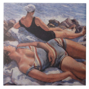 Women Sunbathing on the Beach (by Serebriakova) Ceramic Tile