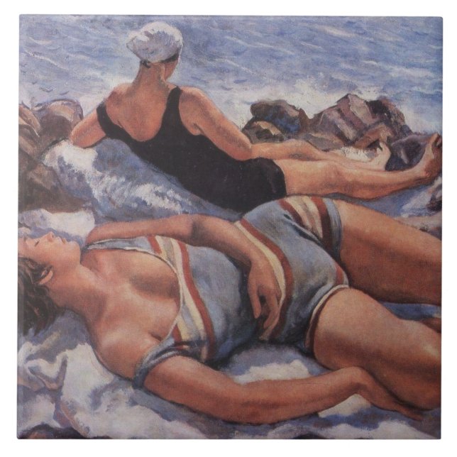 Women Sunbathing on the Beach (by Serebriakova) Ceramic Tile (Front)