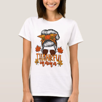 Women Thanksgiving Messy Bun Hair Fall Mama  T-Shirt
