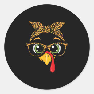 Women Thanksgiving Shirt Turkey Face Leopard Gles Classic Round Sticker