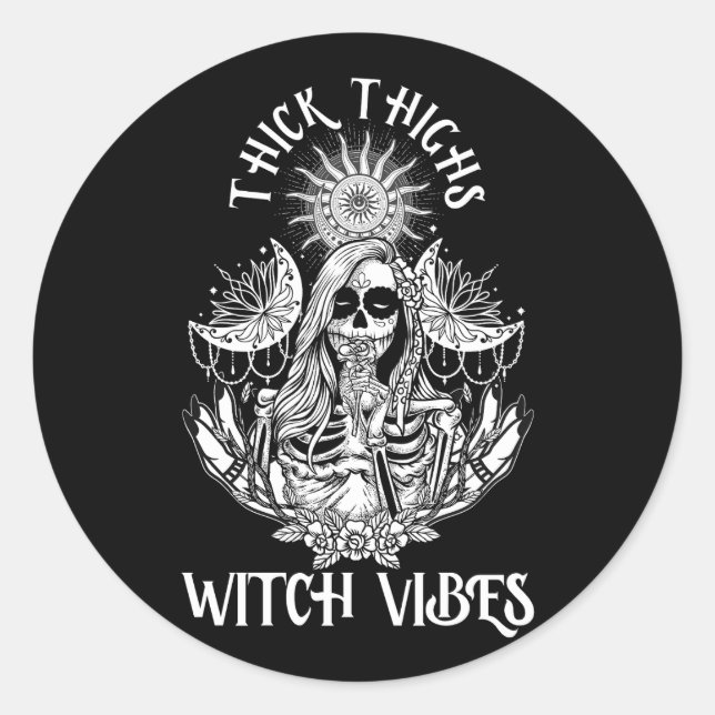 Women Thick Thighs Witch Vibes Halloween Moon Witc Classic Round Sticker (Front)