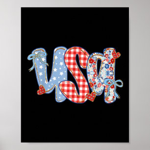 Women Usa Coquette Bow Patriotic Boho Floral Kids  Poster