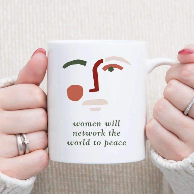 Women Will Network the World to Peace Coffee Mug (Abstract Womans Face Women Will Network the World to Peace Motivational Coffee Mug)