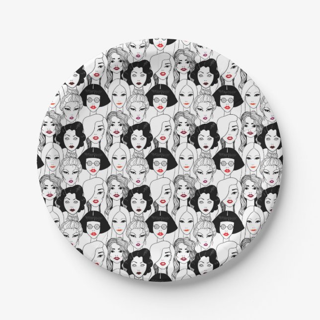 Women With Lipstick Pattern Paper Plate (Front)