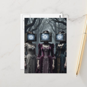 Women With Vintage Television Heads Spooky Forest Postcard