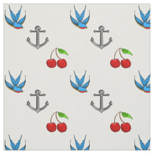 Women's 1950's Bluebird Cherry Anchor Pattern Fabric