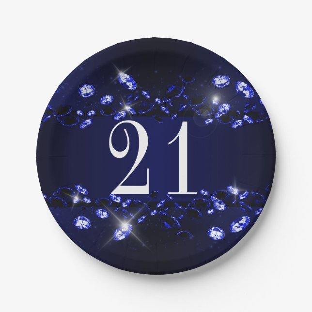 Women's 21st Birthday Blue Black Sparkly Diamond Paper Plate (Front)