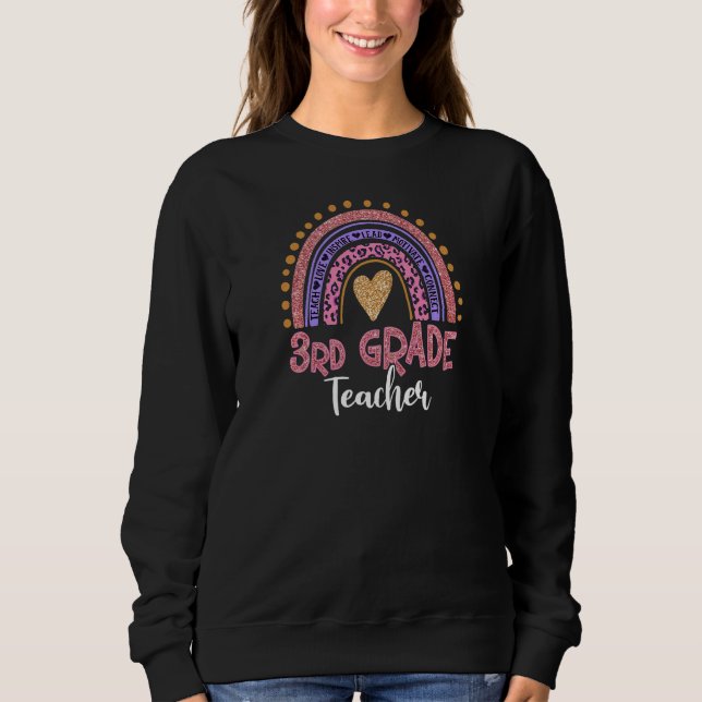 Womens 3rd Grade Teacher Leopard Pink Rainbow Back Sweatshirt (Front)