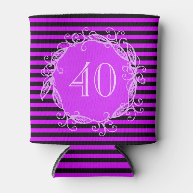Women's 40th Birthday Purple Black Swirly Can Cooler (Front)
