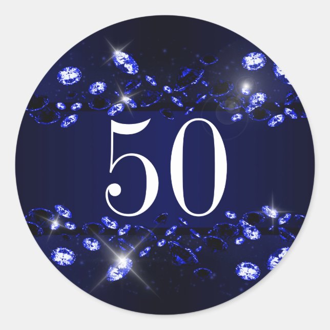 Women's 50th Birthday Blue Black Sparkly Diamond Classic Round Sticker (Front)