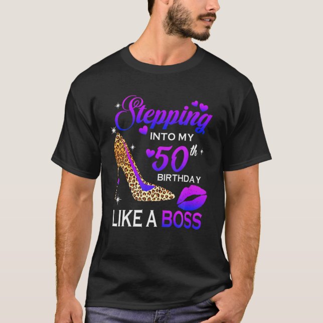 Womens 50Th Birthday Gifts Stepping Into 50 Leopar T-Shirt (Front)