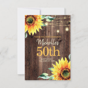 Women's 50th Rustic Wood String Lights Sunflowers Thank You Card