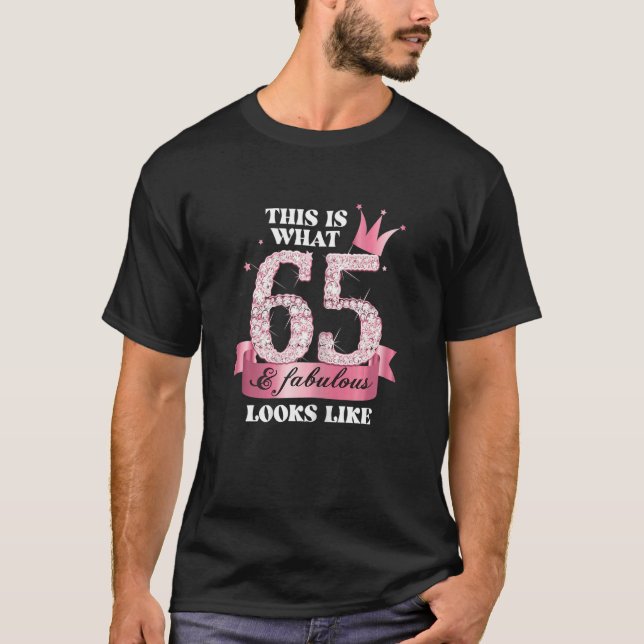 Womens 65 & Fabulous I Pink Black Party Group Phot T-Shirt (Front)