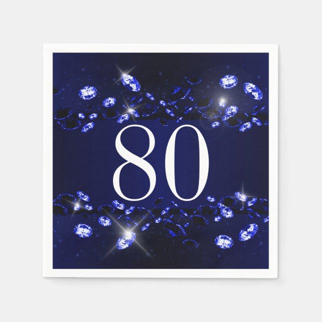 Women's 80th Birthday Blue Black Sparkly Diamond Napkin (Front)