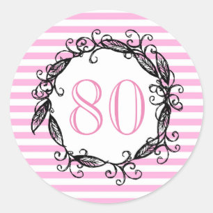 Women's 80th Birthday Pink White Black Swirly Classic Round Sticker