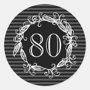 Women's 80th Birthday White Black Grey Swirly Classic Round Sticker
