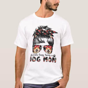 Womens Akita Dog Mom Messy Bun Hair Glasses T-Shirt