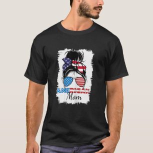 Womens All American Mum 4th July Messy Bun Us Flag T-Shirt