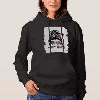 Womens America Flag Messy Bun Wrestling Mum Life M Hoodie
