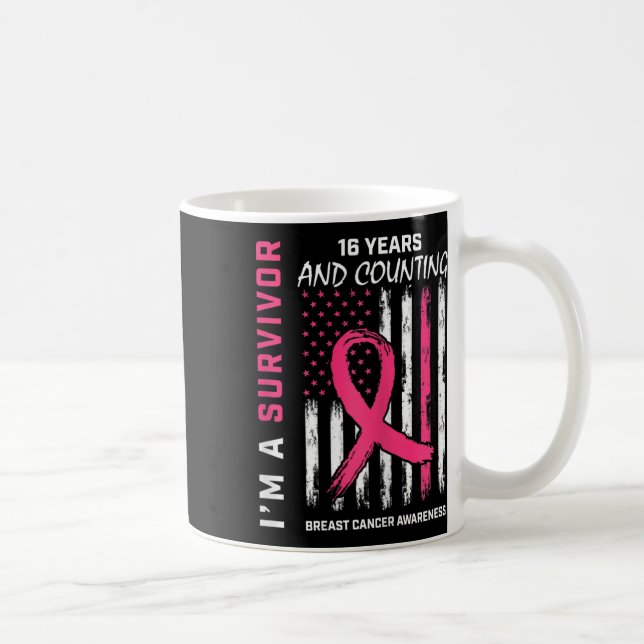 Womens American Flag Pink Awareness 16 Year Breast Coffee Mug (Right)