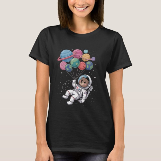 Womens Astronaut Bear Holding Planet Balloons Oute T-Shirt (Front)