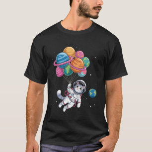 Womens Astronaut Cat Holding Planet Balloons Outer T-Shirt