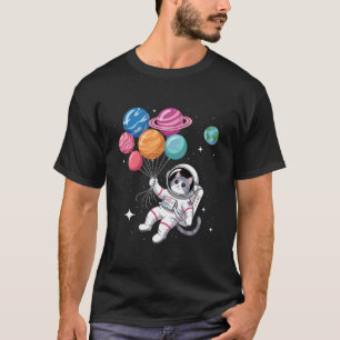 Womens Astronaut Cat Holding Planet Balloons Outer T-Shirt
